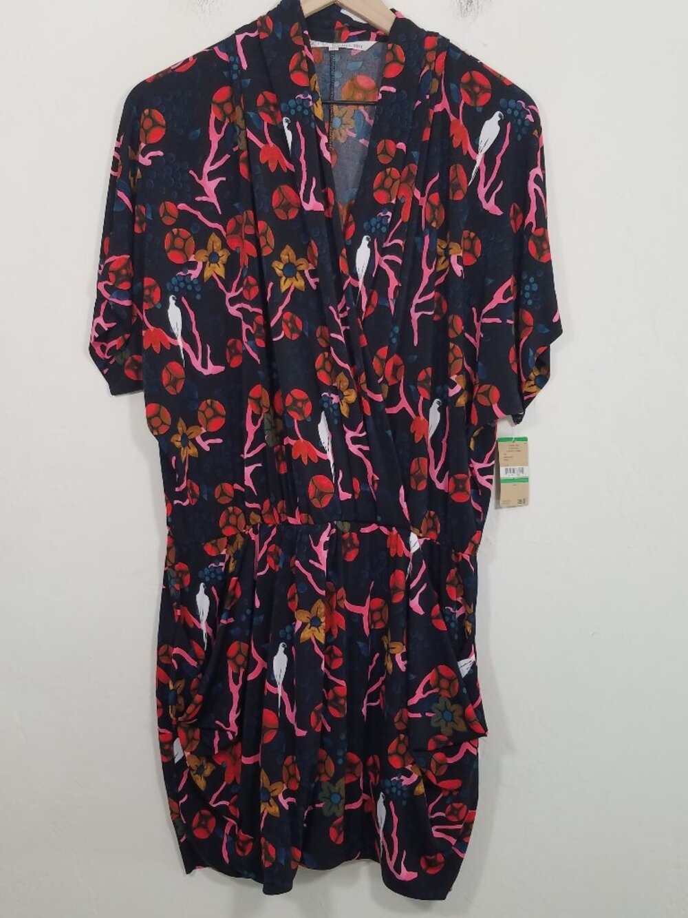 NWT RACHEL Rachel Roy 24 Hour Draped Dress Birds Floral Print with Pocket Size L - Picture 2 of 8